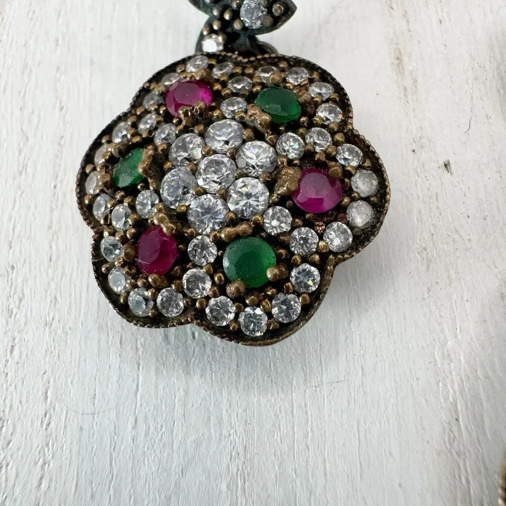 Ruby And Emerald Sterling Silver And Brass Turkish Flower Earrings And Pendant